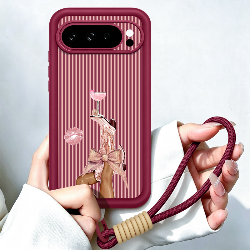 Google Pixel 9 Pro - Striped Wine Glass Pattern Lanyard Phone
